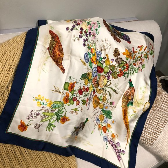 GUCCI Accessories - GUCCI Vintage Pheasants & Flowers Silk Scarf-Rolled/Stitched Edges